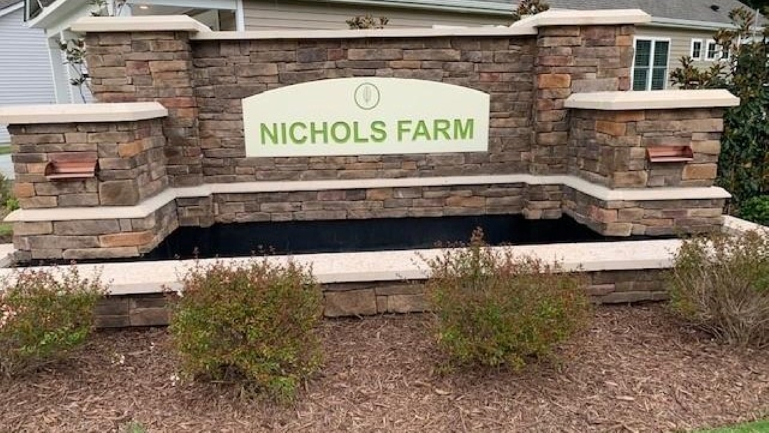 Entrance Sign at Nichols Farm subdivision in Durham NC